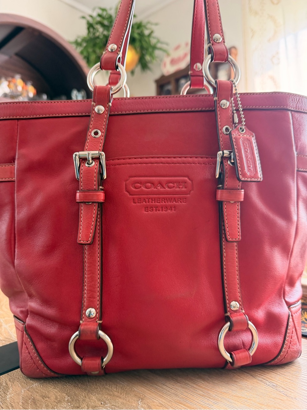 Coach Y2K  Red Leather Standar Tote with Silver Hardware